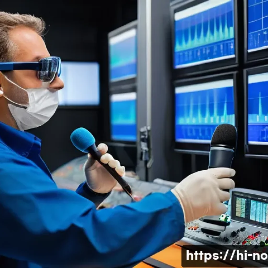 소음진동기사 이론에서 자주 나오는 문제 - A detailed laboratory scene showing a professional engineer calibrating a sound level meter with a h...