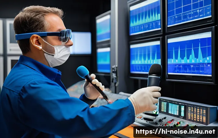 소음진동기사 이론에서 자주 나오는 문제 - A detailed laboratory scene showing a professional engineer calibrating a sound level meter with a h...