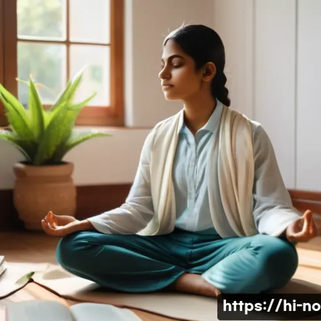 소음진동기사 시험 직전 팁 - A focused Indian student sitting at a study desk in a bright, serene room, practicing deep breathing...