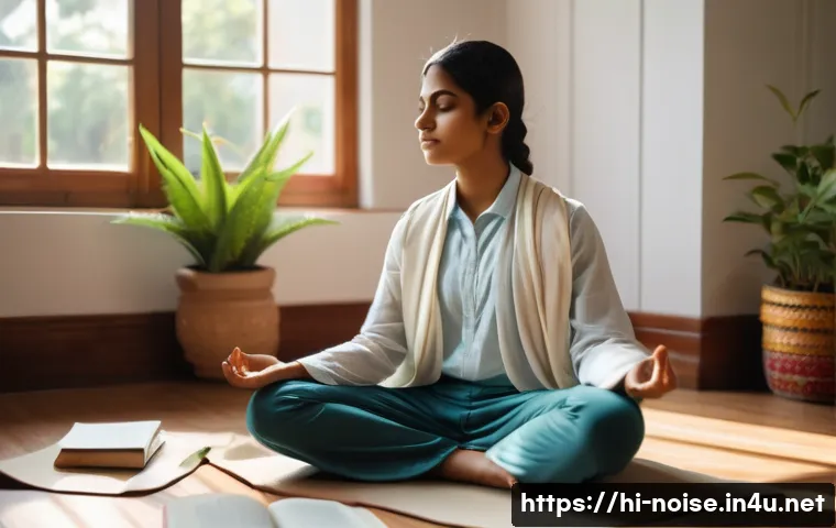 소음진동기사 시험 직전 팁 - A focused Indian student sitting at a study desk in a bright, serene room, practicing deep breathing...