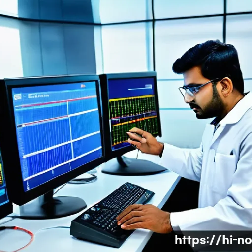 소음진동 자격증 취득 후 추가 학습법 - A modern industrial laboratory setting with a focused Indian male engineer in professional attire op...