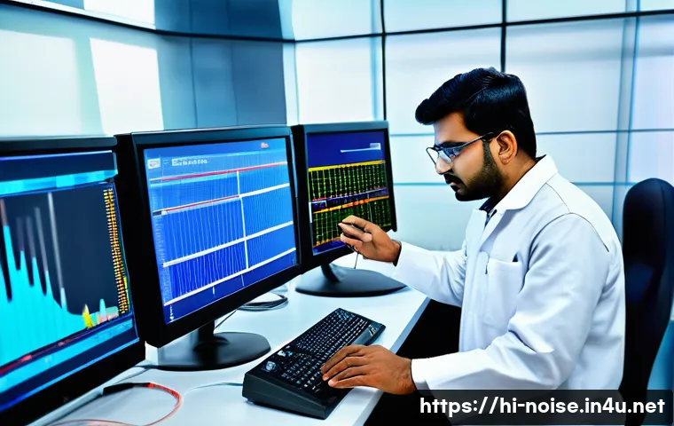 소음진동 자격증 취득 후 추가 학습법 - A modern industrial laboratory setting with a focused Indian male engineer in professional attire op...