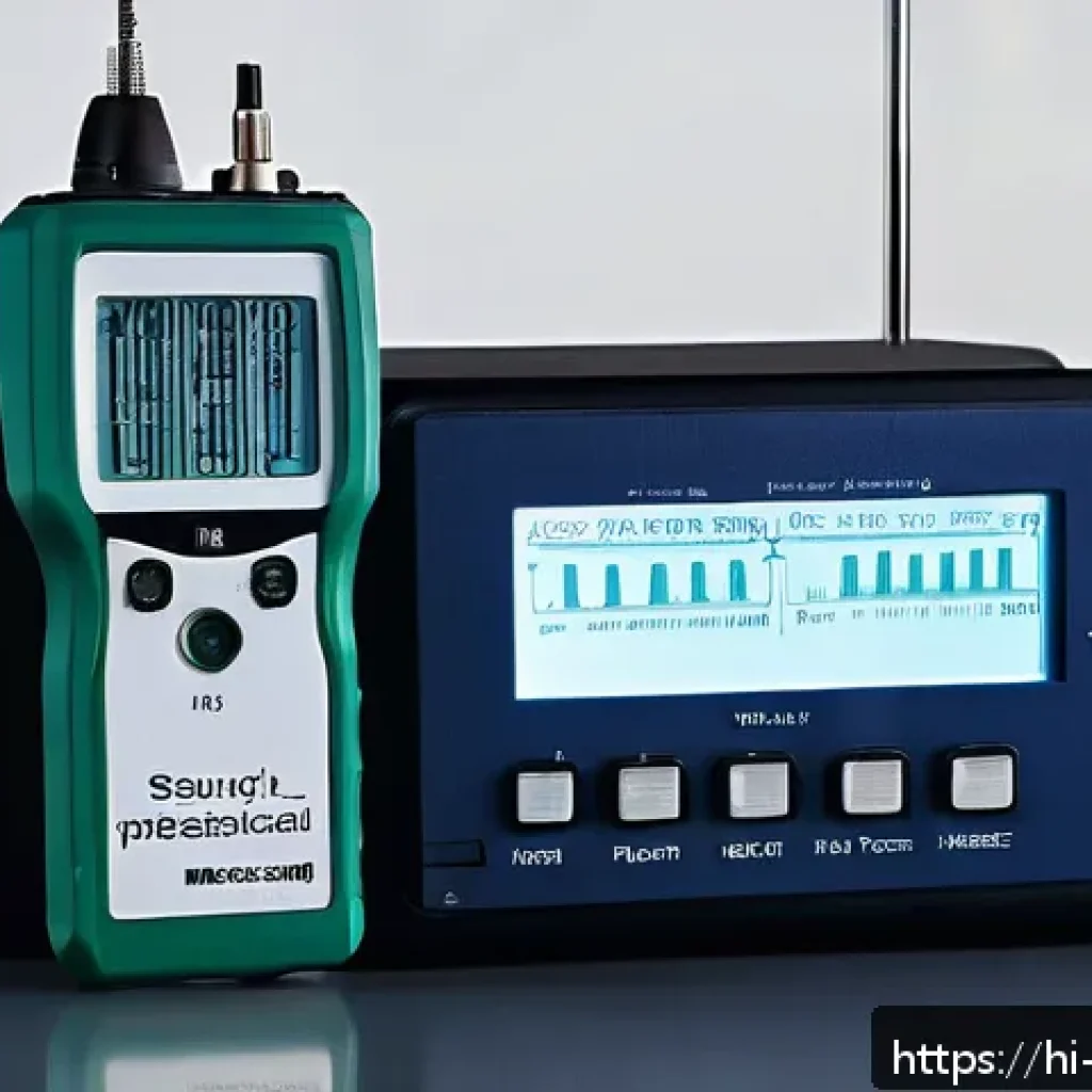소음진동 실기 시험 준비물 체크리스트 - A high-quality digital sound level meter placed on a sturdy measurement stand, surrounded by extra a...