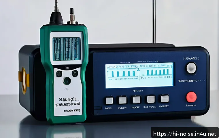 소음진동 실기 시험 준비물 체크리스트 - A high-quality digital sound level meter placed on a sturdy measurement stand, surrounded by extra a...