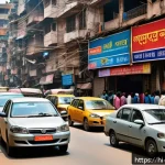 소음진동 이론  소음과 진동의 기초 - A detailed urban street scene in India at daytime showing heavy traffic with honking cars, buses, an...