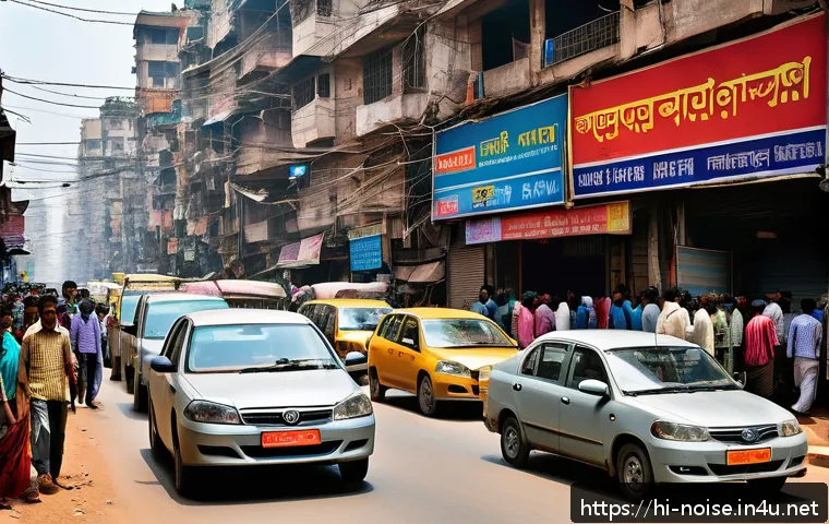 소음진동 이론  소음과 진동의 기초 - A detailed urban street scene in India at daytime showing heavy traffic with honking cars, buses, an...