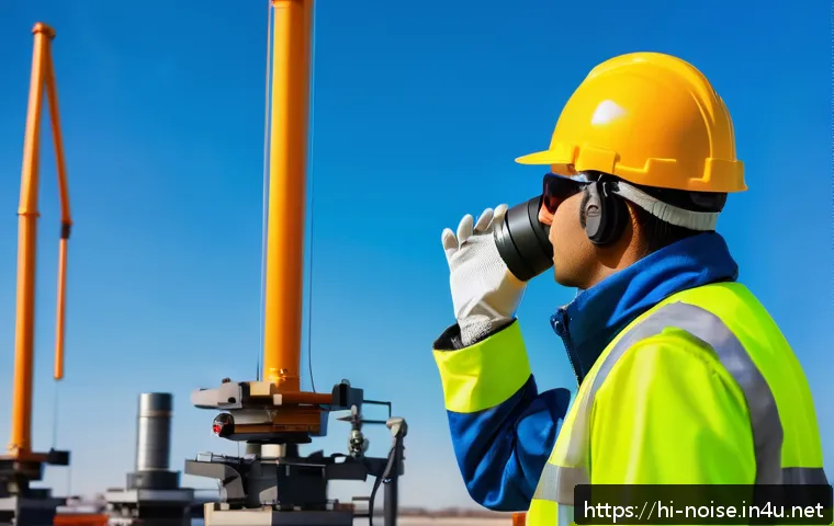 소음진동 측정 현장에서의 문제 해결 능력 - A professional engineer wearing safety gear including hearing protection and gloves, carefully setti...