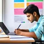 소음진동 실기 모의고사 준비 - A focused Indian student studying at a desk, surrounded by colorful textbooks and smart notes with h...