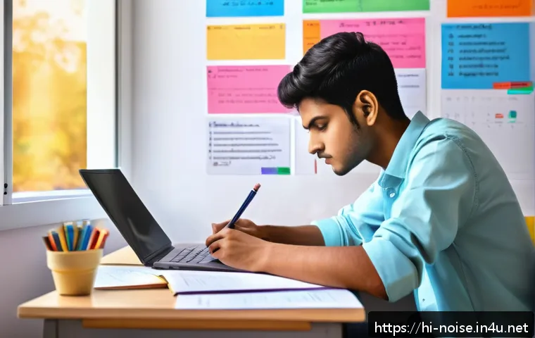 소음진동 실기 모의고사 준비 - A focused Indian student studying at a desk, surrounded by colorful textbooks and smart notes with h...