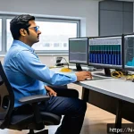소음진동 엔지니어의 성장 사례 - A highly detailed engineering workspace focused on noise and vibration analysis, featuring a profess...