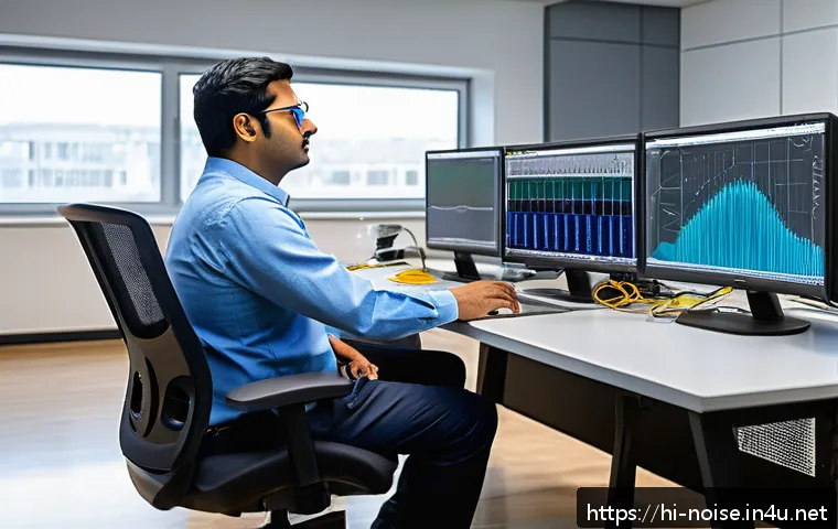 소음진동 엔지니어의 성장 사례 - A highly detailed engineering workspace focused on noise and vibration analysis, featuring a profess...
